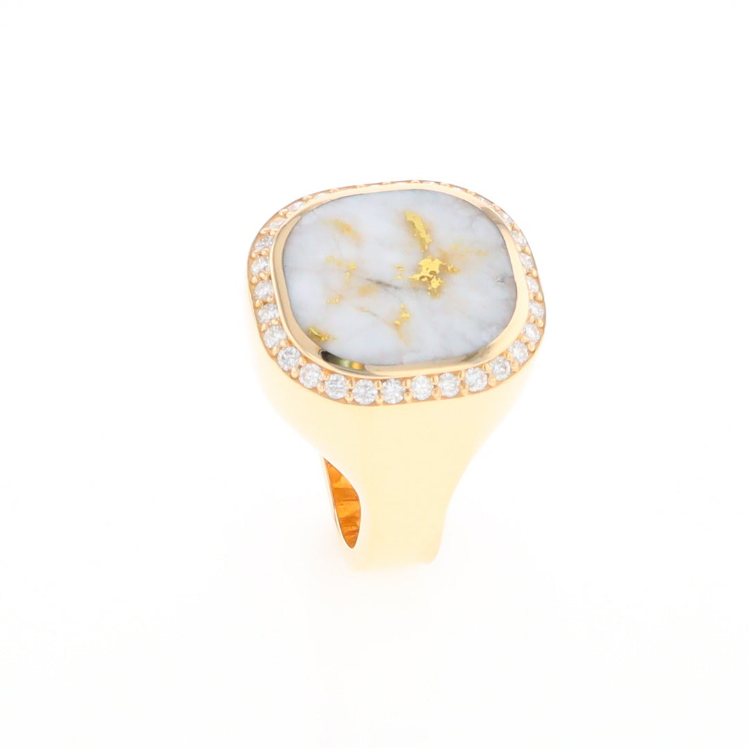 Gold Quartz Cushion Inlaid Men's Ring with Diamond Halo