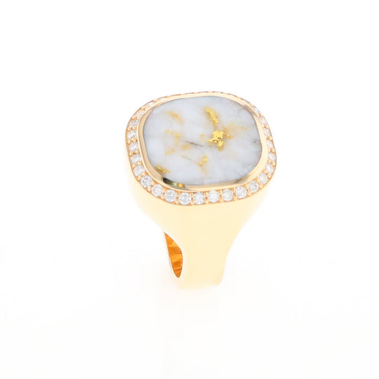 Gold Quartz Cushion Inlaid Men's Ring with Diamond Halo