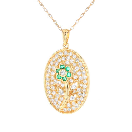 Emerald and Diamond Encrusted Oval Flower Pendant