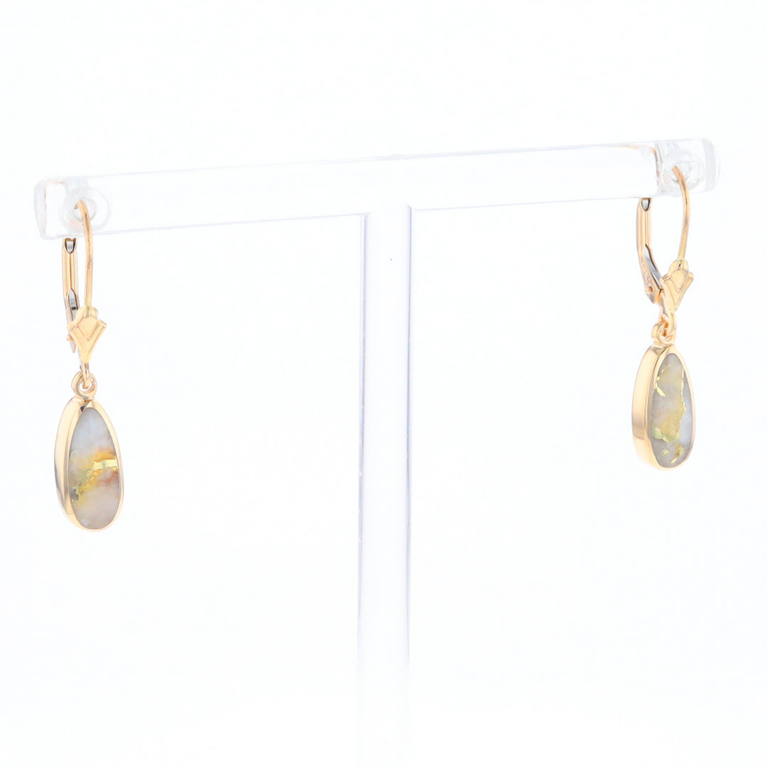 Gold Quartz Earrings Tear Drop Inlaid Lever Backs