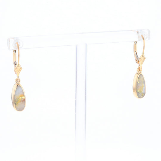 Gold Quartz Earrings Tear Drop Inlaid Lever Backs