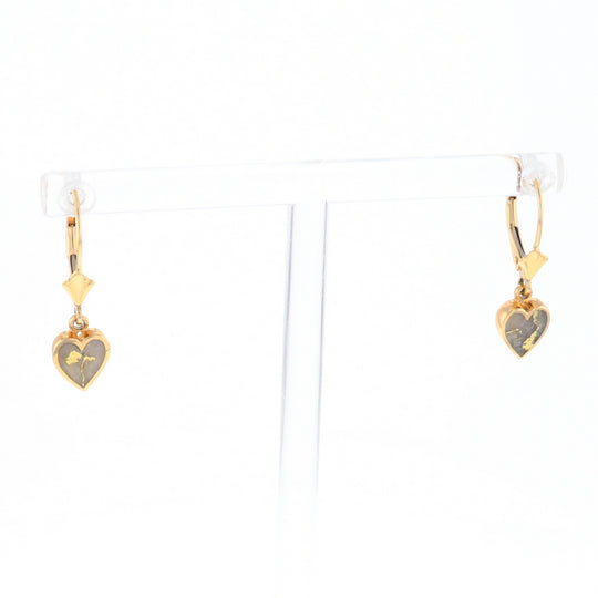 Gold Quartz Earrings Heart Shape Inlaid Lever Backs
