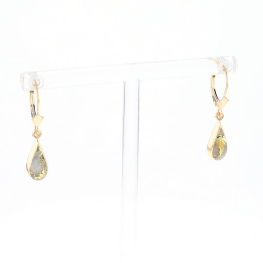 Gold Quartz Earrings Tear Drop Inlaid Lever Backs