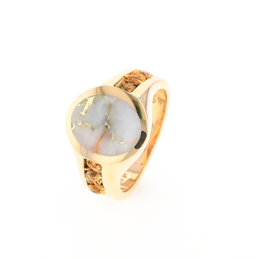 Oval Gold Quartz Inlaid Ring with Natural Gold Nuggets G2 Quality