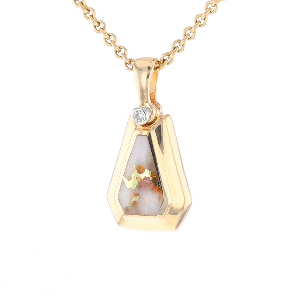 Gold Quartz Necklace, Triangle Inlaid with .02ctw Diamond Pendant