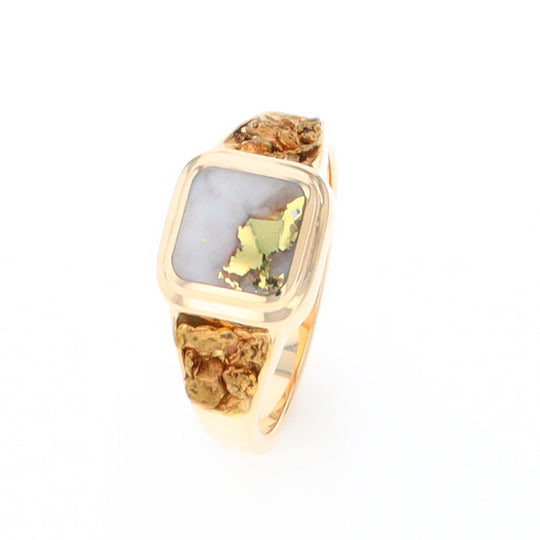 Gold Quartz Ring Square Inlaid Design Double Natural Nugget Sides