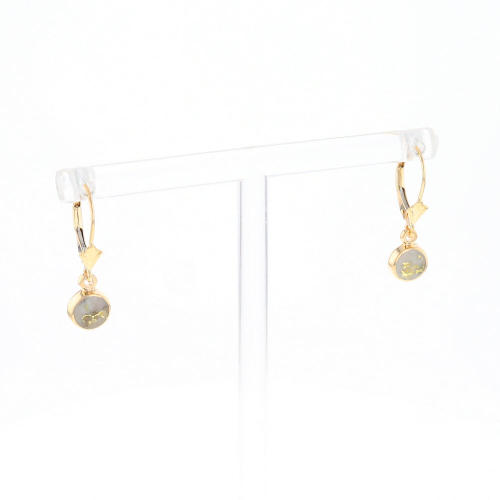 Gold Quartz Earrings Round Inlaid Design Lever Backs