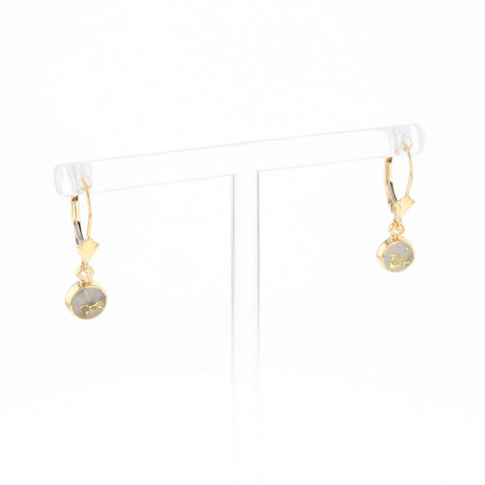 Gold Quartz Earrings Round Inlaid Design Lever Backs