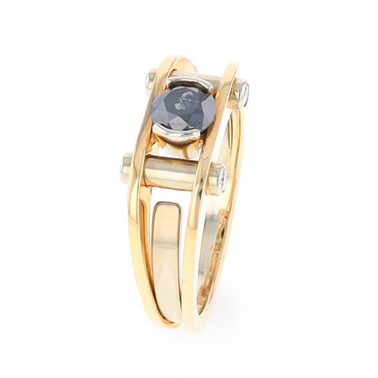 Men's Contemporary White and Yellow Gold Industrial Black Diamond Ring