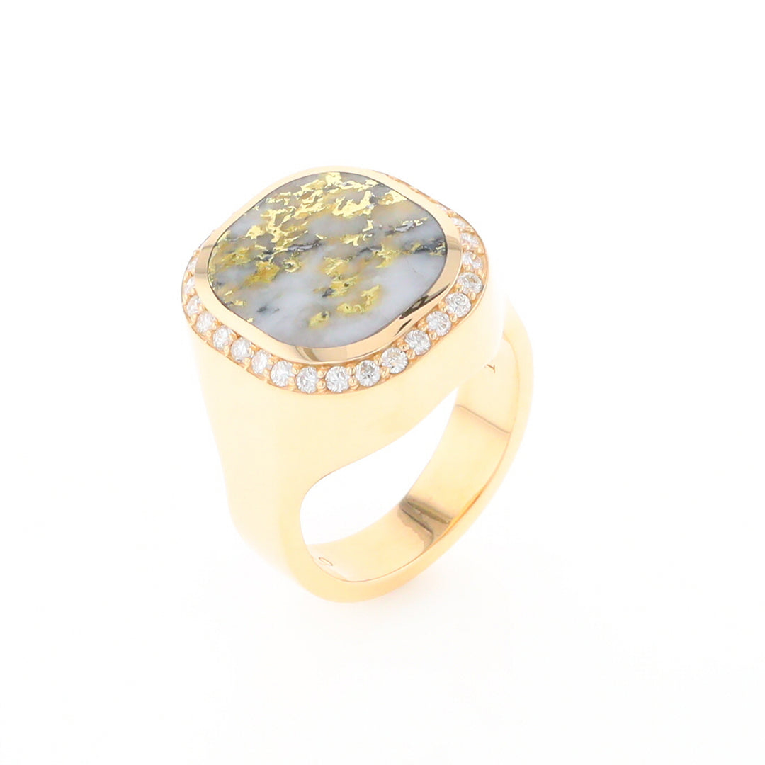 Gold Quartz Cushion Inlaid Men's Ring with Diamond Halo