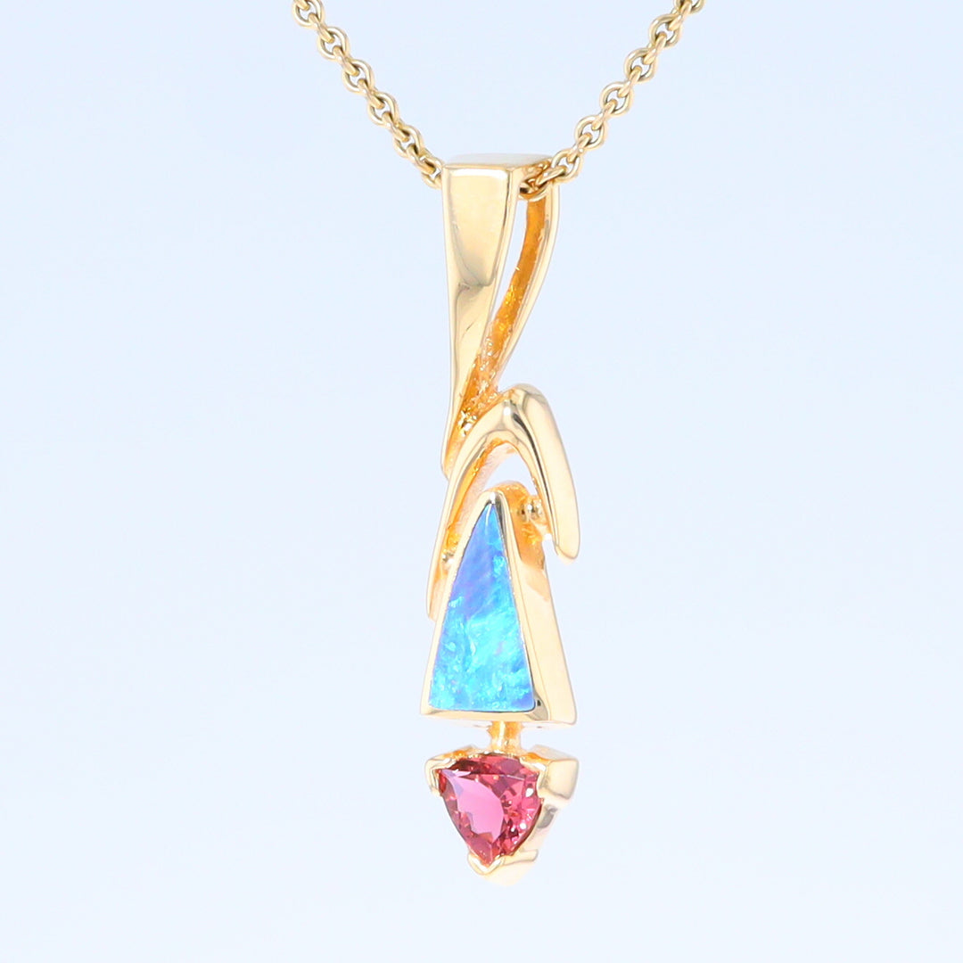 Opal Pendant Triangle Inlaid Design with Trillion Cut Tourmaline