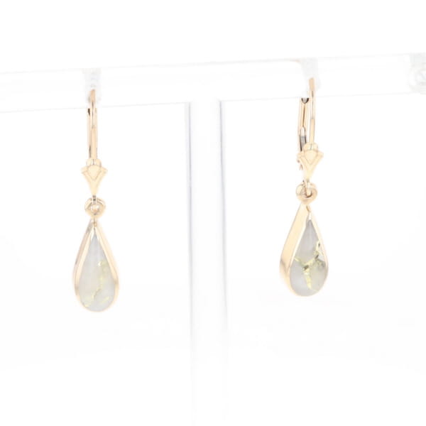 Gold Quartz Earrings Tear Drop Inlaid Lever Backs - G2