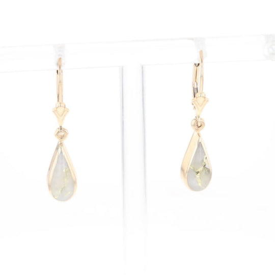 Gold Quartz Earrings Tear Drop Inlaid Lever Backs - G2