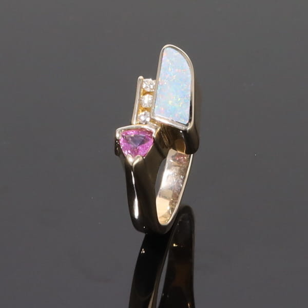 Opal Rings Geometric Inlaid with Pink Sapphire and .08ctw Diamonds