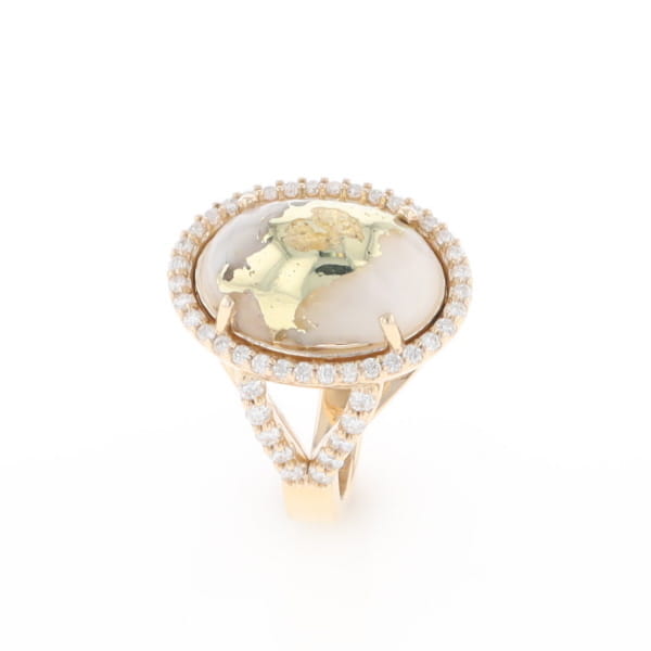 Gold Quartz Ring Oval Cabochon 0.65ctw Round Diamonds Halo