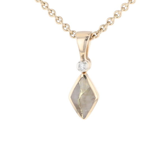 Gold Quartz Necklace Diamond Shape Inlaid Pendant with .02ct Diamond
