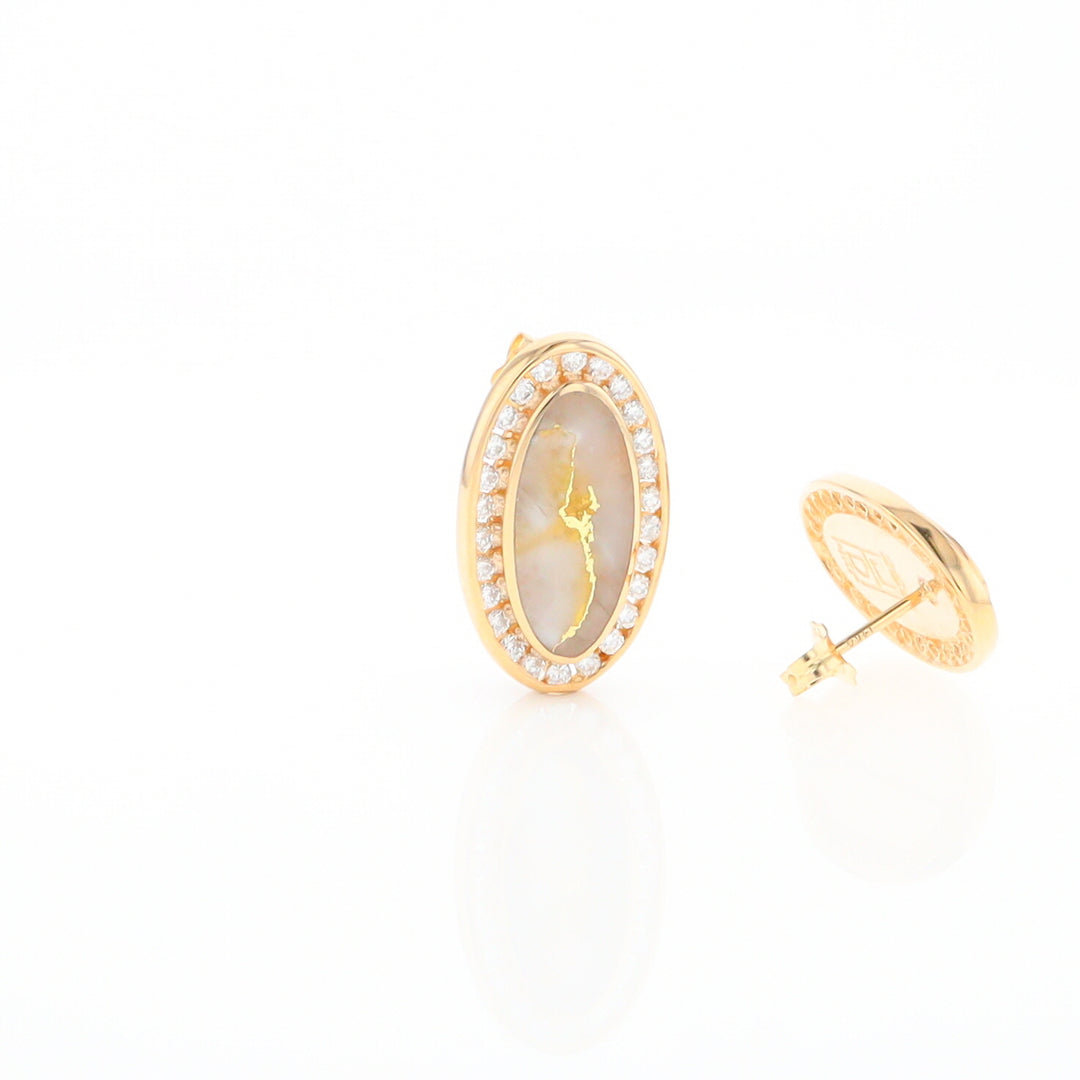 Gold Quartz Earrings Oval Inlaid Design .73ctw Round Diamonds Halo