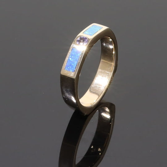 Opal Rings 2 Section Inlaid Design with Round Tanzanite