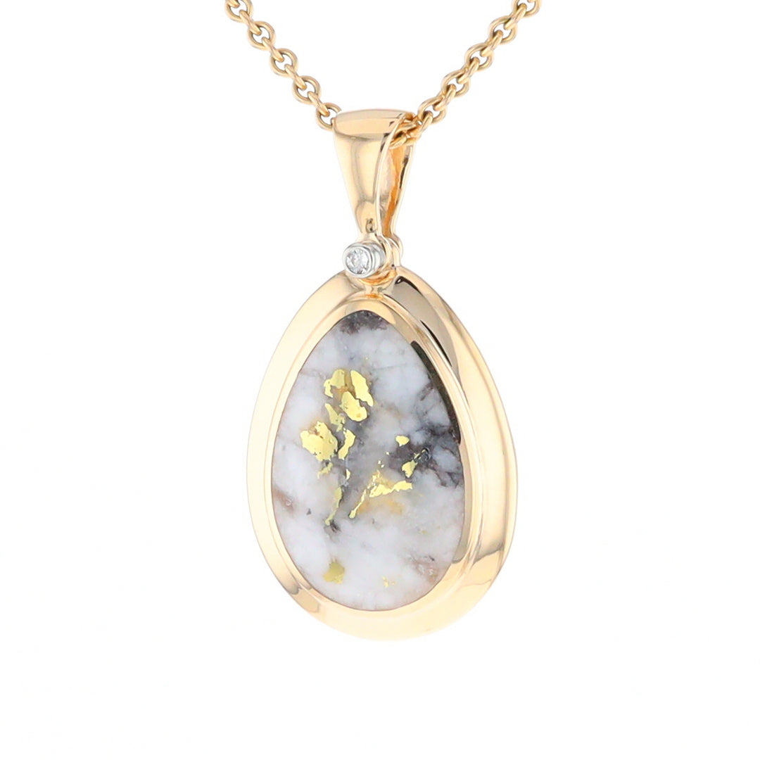 Gold Quartz Necklace Pear Shape Inlaid Pendant with .02ct Diamond