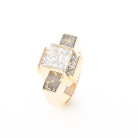 Princess Cut Diamond Gold Quartz 2-Square Inlaid Ring