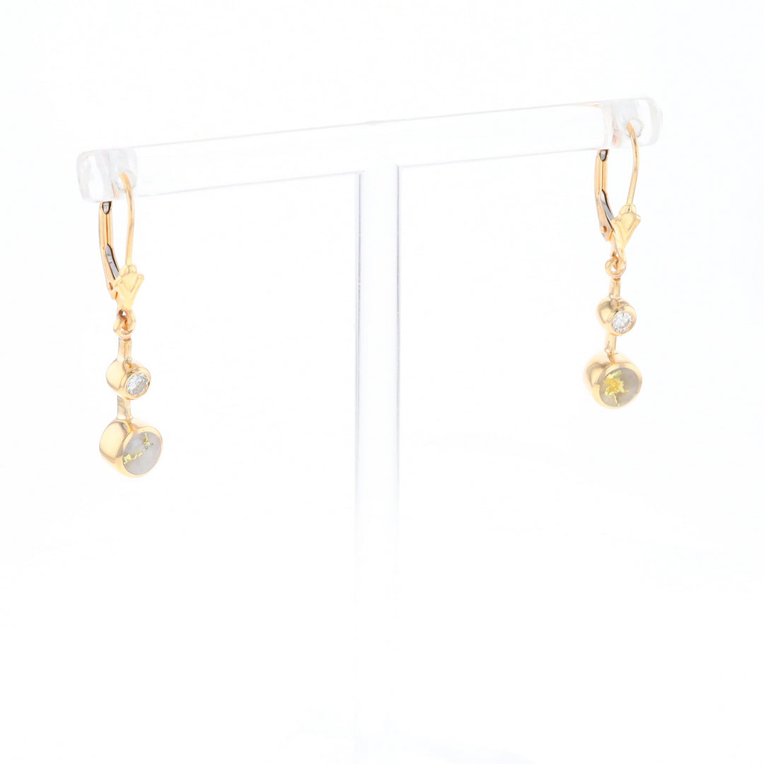 Gold Quartz Earrings Circle Shape Inlaid with .20ctw Diamonds Lever Backs
