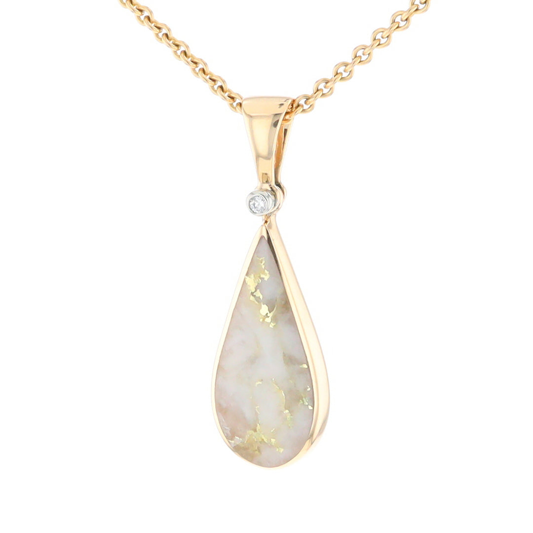 Gold Quartz Necklace Tear Drop Inlaid Pendant with .02ct Diamond