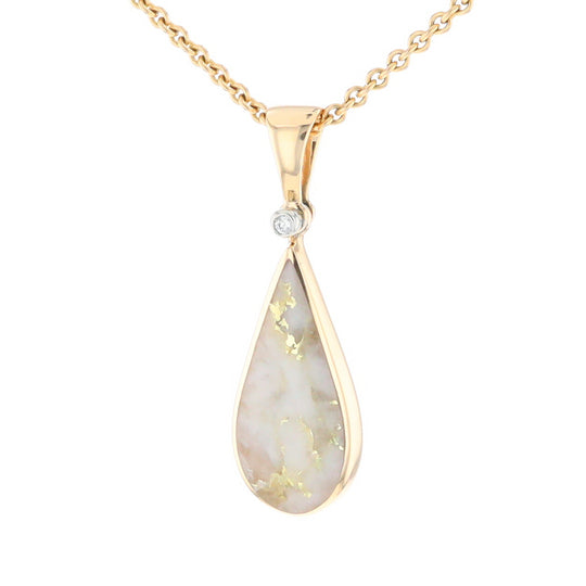 Gold Quartz Necklace Tear Drop Inlaid Pendant with .02ct Diamond