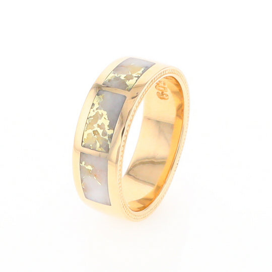 Gold Quartz Ring 3 Section Rectangle Inlaid Band with Milgrain Design