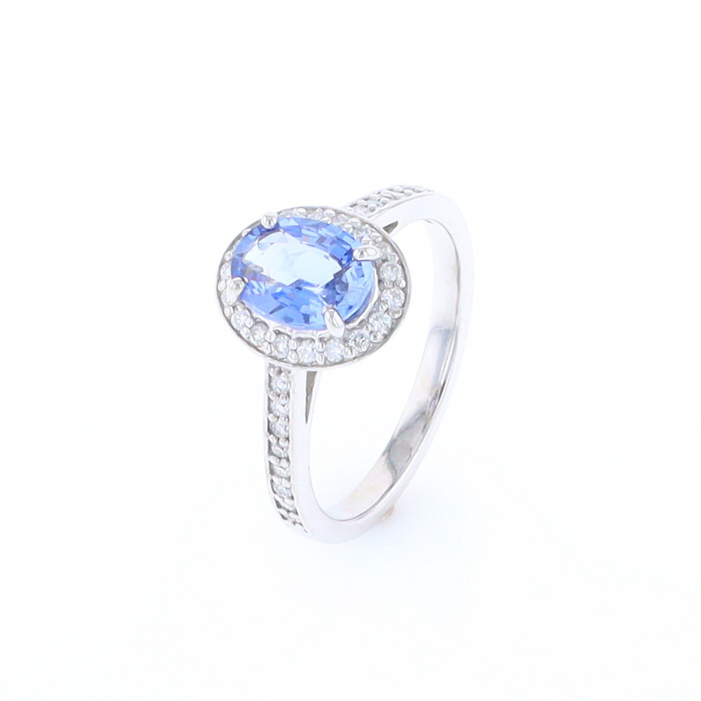 Oval Ceylon Sapphire with Diamond Halo Ring