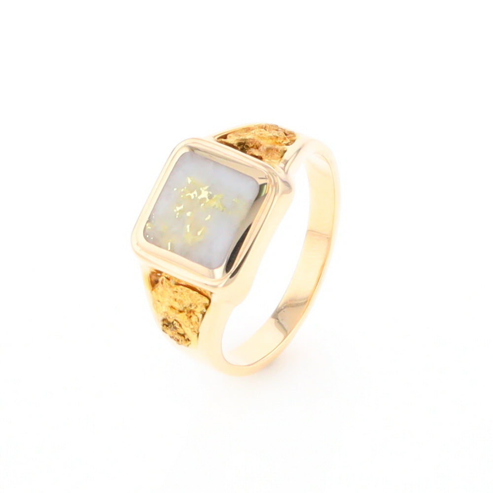 Gold Quartz Ring Square Inlaid Center Design with Natural Nugget Sides