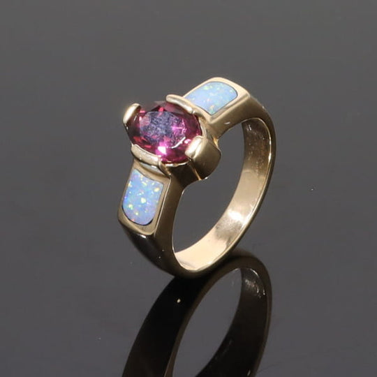 Opal Rings 2 Section Inlaid Design with Oval Pink Tourmaline