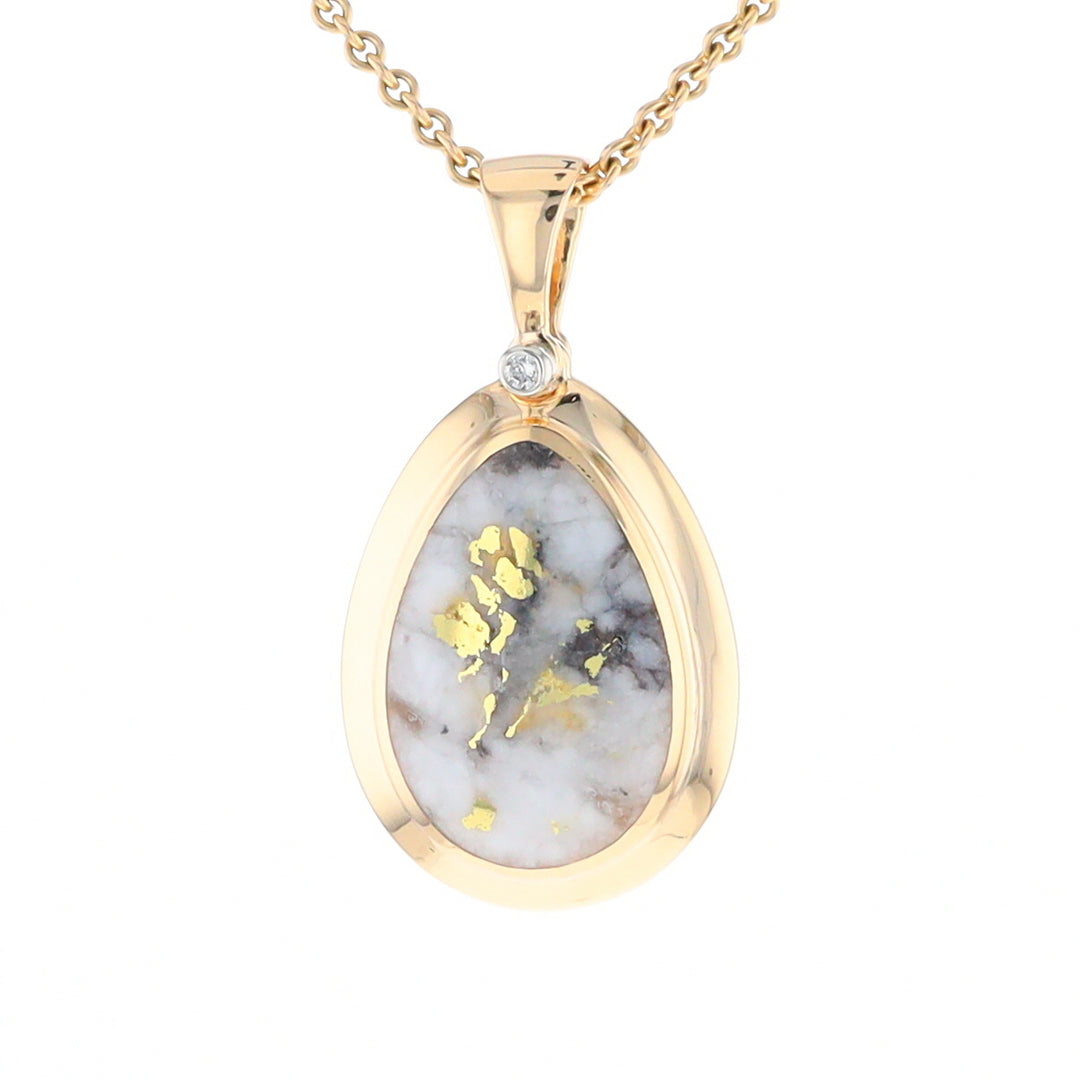 Gold Quartz Necklace Pear Shape Inlaid Pendant with .02ct Diamond