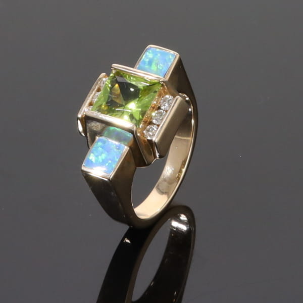 Opal Rings 2 Square Inlaid Peridot with 0.24ctw Diamonds