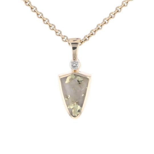 Gold Quartz Pendant Shield Shape Inlaid Pendant with .02ct Diamond