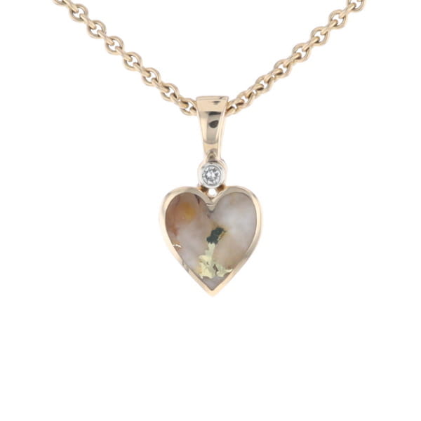 Gold Quartz Necklace Heart Inlaid Design Pendant with .02ct Diamond