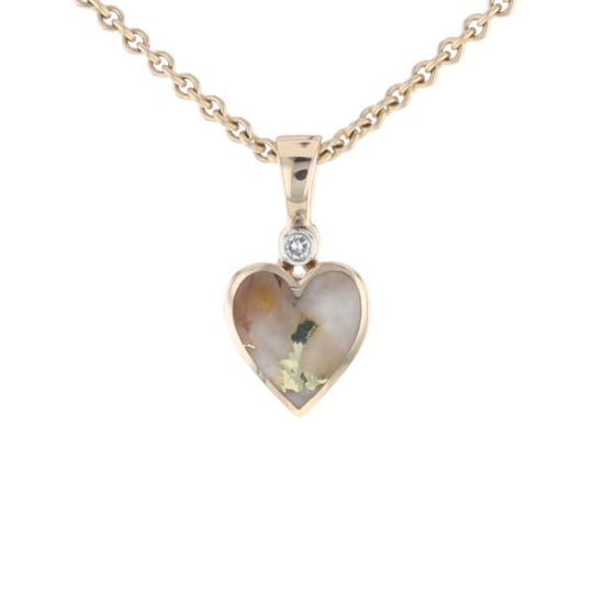 Gold Quartz Necklace Heart Inlaid Design Pendant with .02ct Diamond