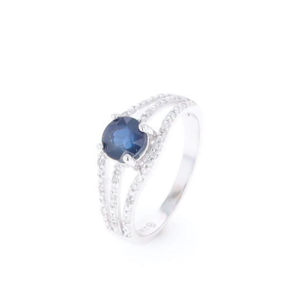 Blue Sapphire Triple Shank Ring With Accent Diamonds