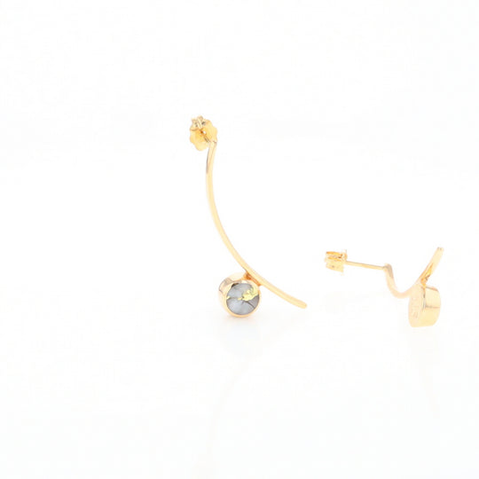 Gold Quartz Earrings Round Inlaid Curved Bar Design