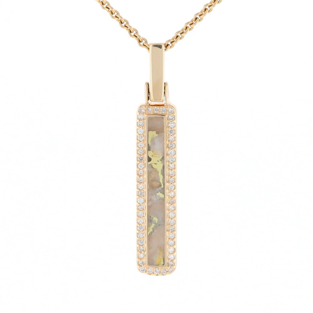 Gold Quartz Necklace, Rectangle Inlaid, .27ctw Diamond Halo Pendant