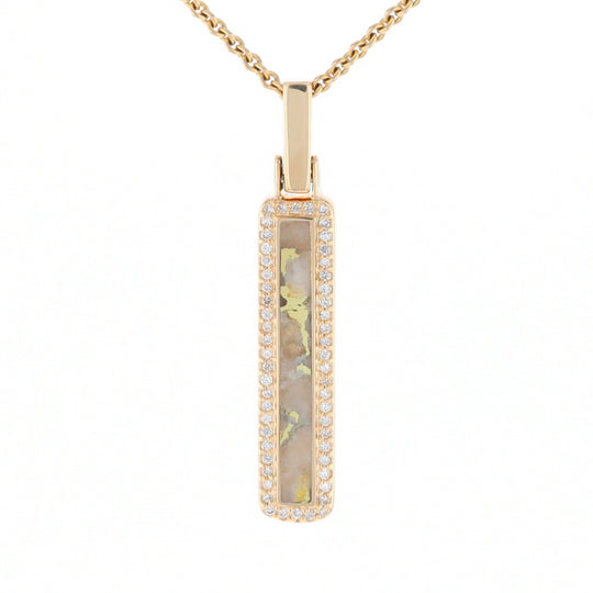 Gold Quartz Necklace, Rectangle Inlaid, .27ctw Diamond Halo Pendant