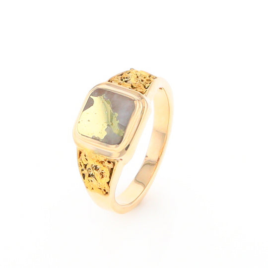 Gold Quartz Ring Square Inlaid Design Double Natural Nugget Sides