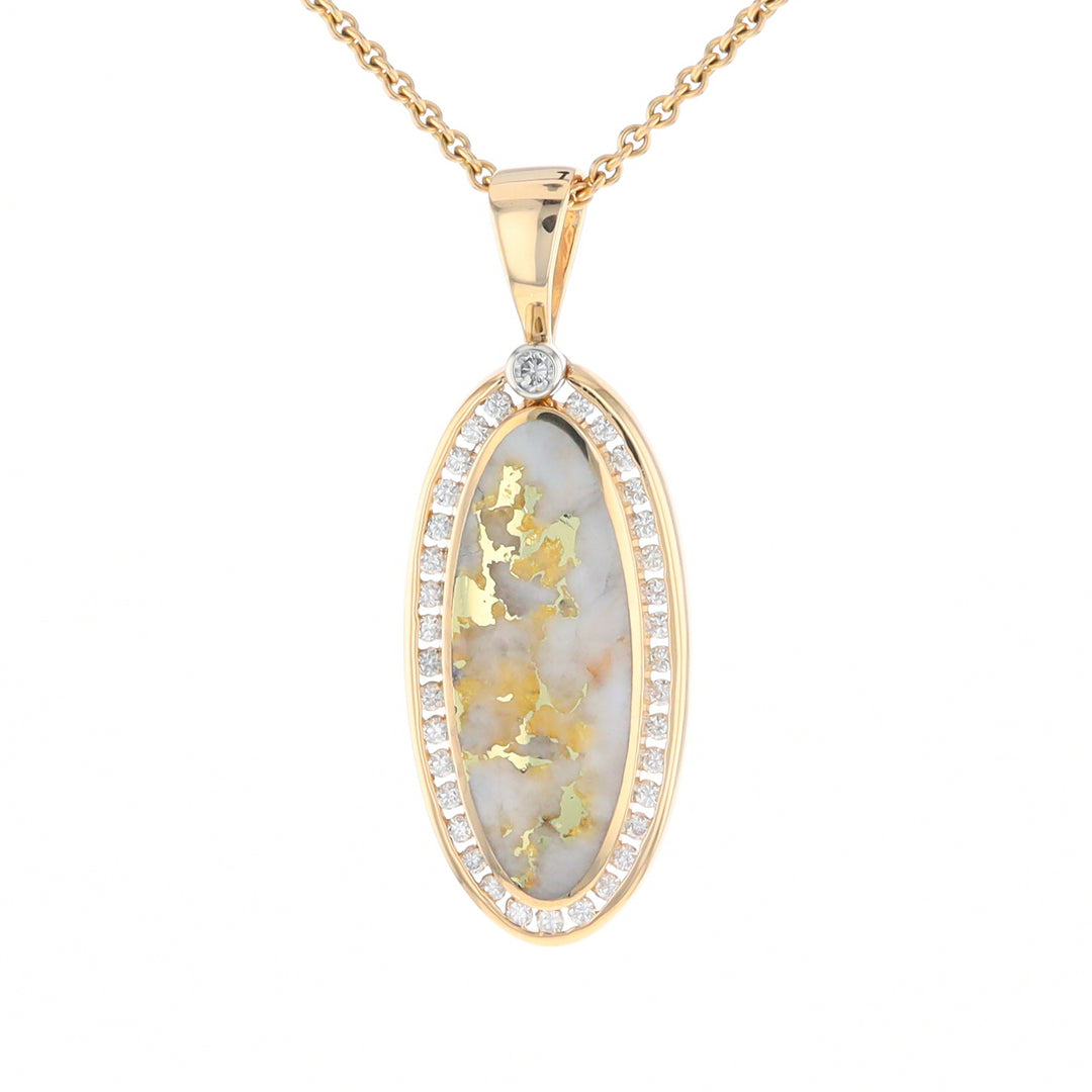 Gold Quartz Necklace .54ctw Halo Diamond Oval Inlaid Pendant