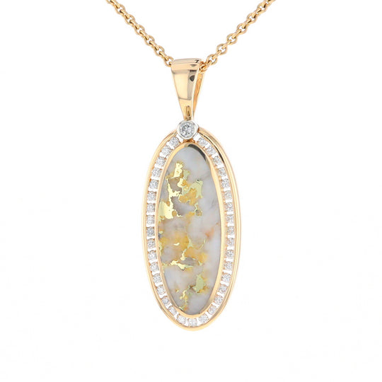 Gold Quartz Necklace .54ctw Halo Diamond Oval Inlaid Pendant