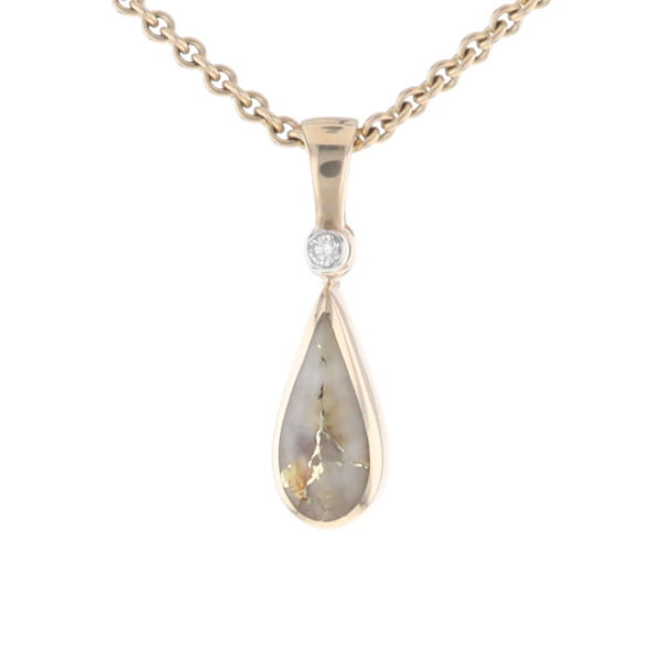 Gold Quartz Pendant Tear Drop Inlaid Design with .02ct Diamond