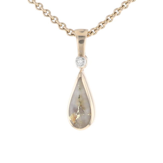 Gold Quartz Pendant Tear Drop Inlaid Design with .02ct Diamond