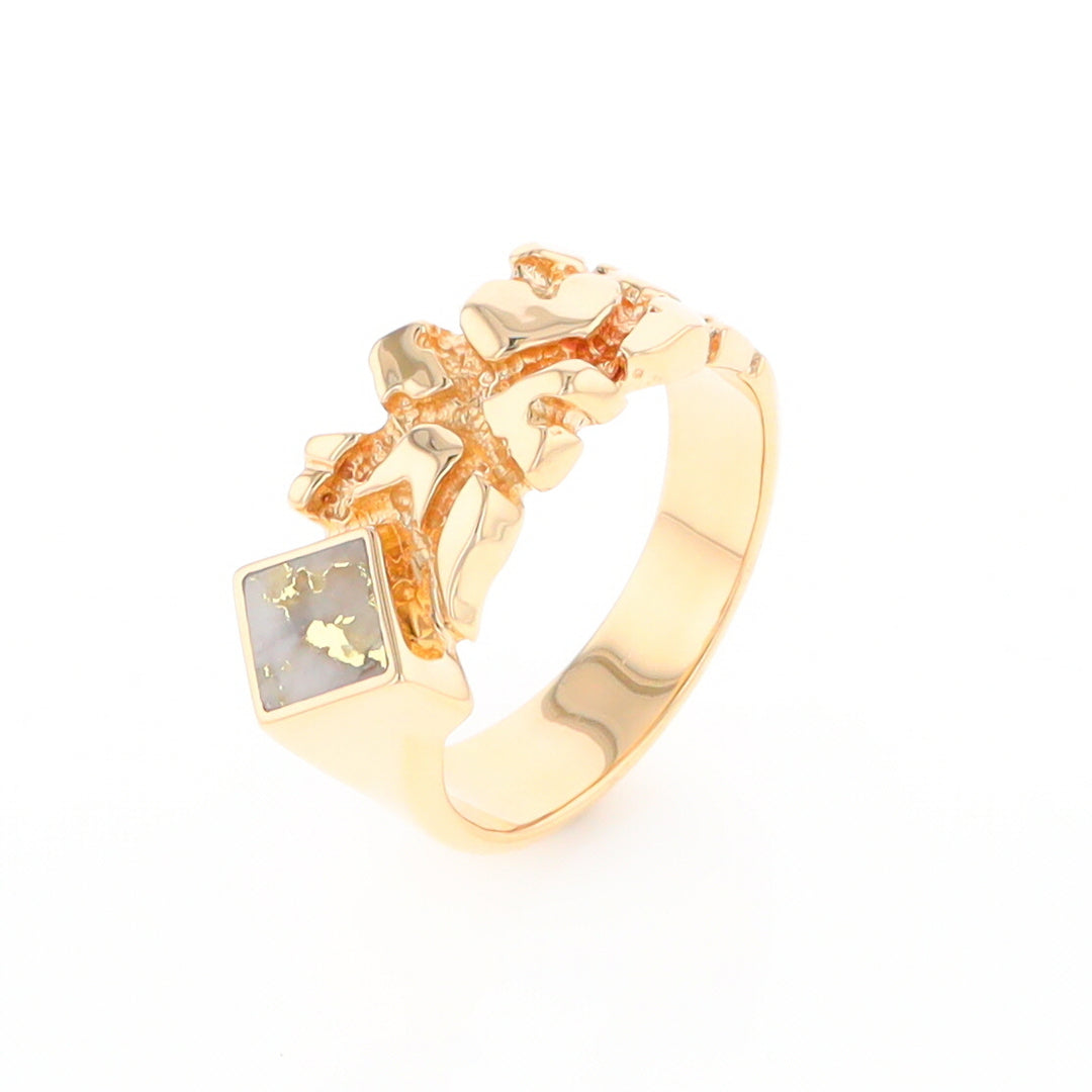 Gold Quartz Ring Diamond Shape Inlay Nugget Design Band