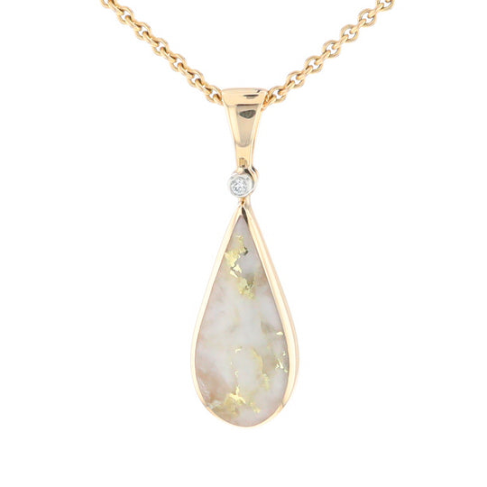 Gold Quartz Necklace Tear Drop Inlaid Pendant with .02ct Diamond