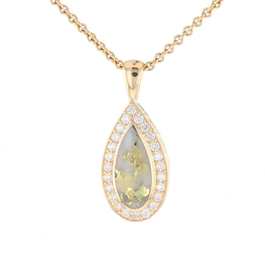 Gold Quartz Pendant Tear Drop Inlaid .42ctw Diamond Halo Design