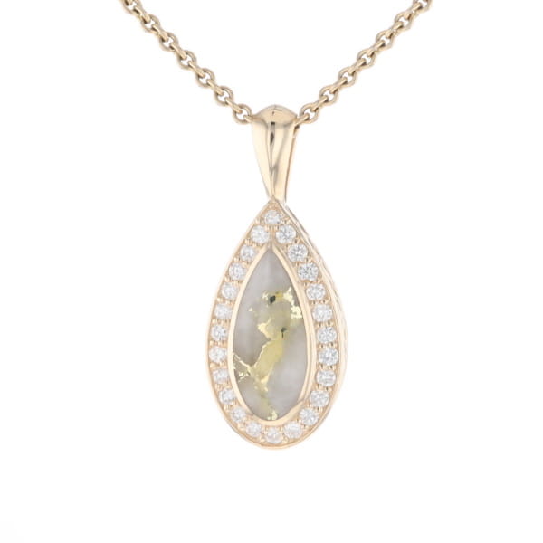 Gold Quartz Pendant Tear Drop Inlaid .42ctw Diamond Halo Design