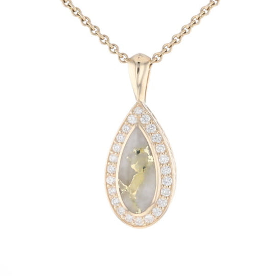 Gold Quartz Pendant Tear Drop Inlaid .42ctw Diamond Halo Design
